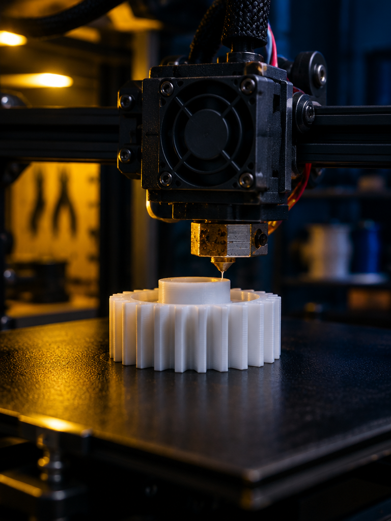 3D printer nozzle creating a white plastic gear