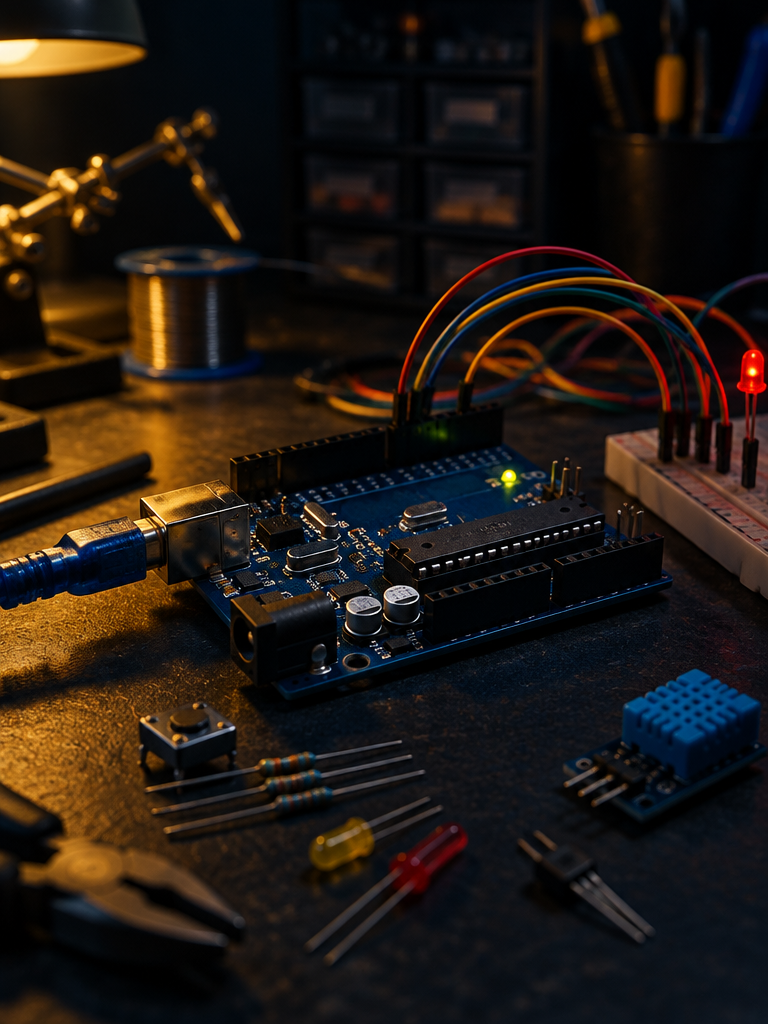 Arduino wiring and components on a workbench